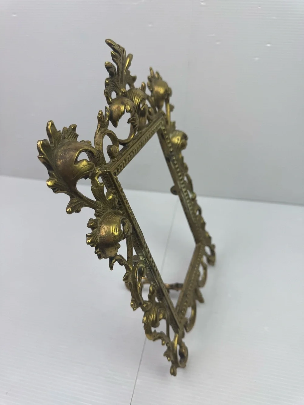 Vintage Cast Brass Picture Frame Rococo Baroque Scrollwork Tabletop Easel Back